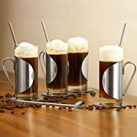 Drinkstuff Bar - Juego de 4 vasos de café irlandés con posavasos y cucharas (acero inoxidable- vidrio- 280 ml)